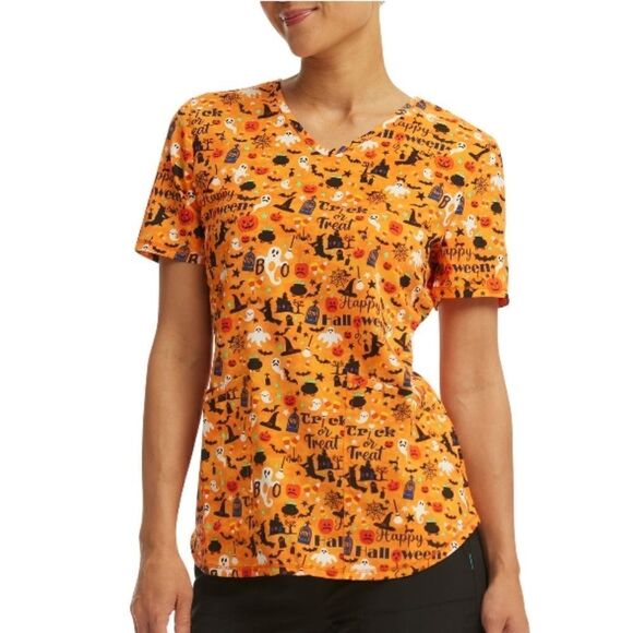 Women's Plus "Pumpkin Palooza" V-Neck Print Scrub Short Sleeve Top Shirt Size 2X - Picture 6 of 6